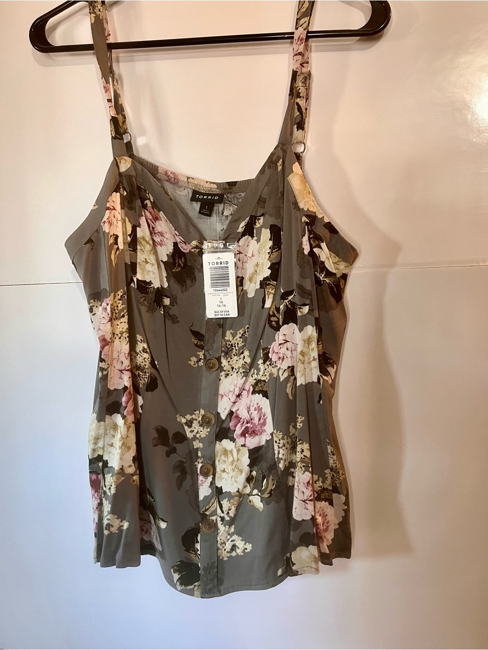 torrid Olive Floral Button-Front Cami with Pink & Cream Blooms